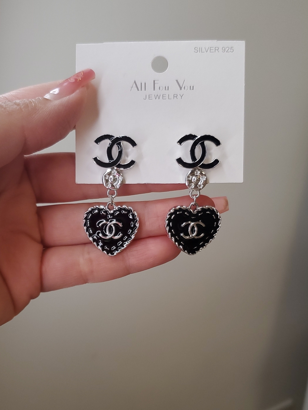 All For You Black Heart Chanel Dangle Earrings with Interlocking Logo